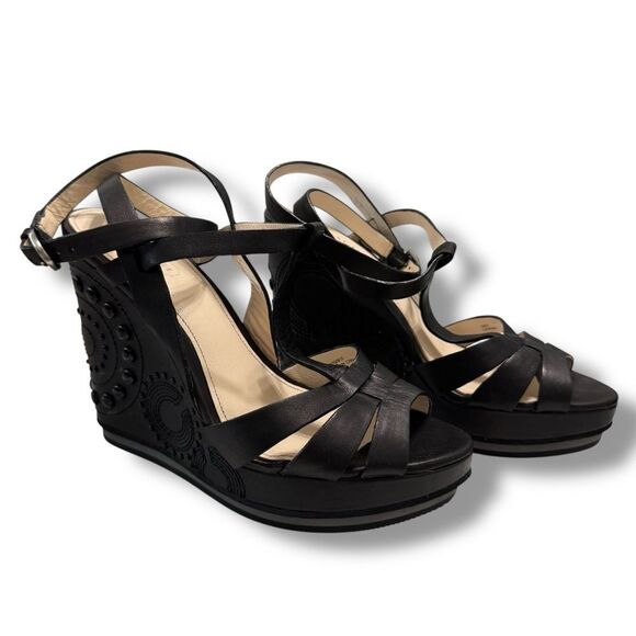 Coach Catalina Wedge Heels Women’s Size 7.5B Black Leather Buckle Strap - Picture 3 of 11